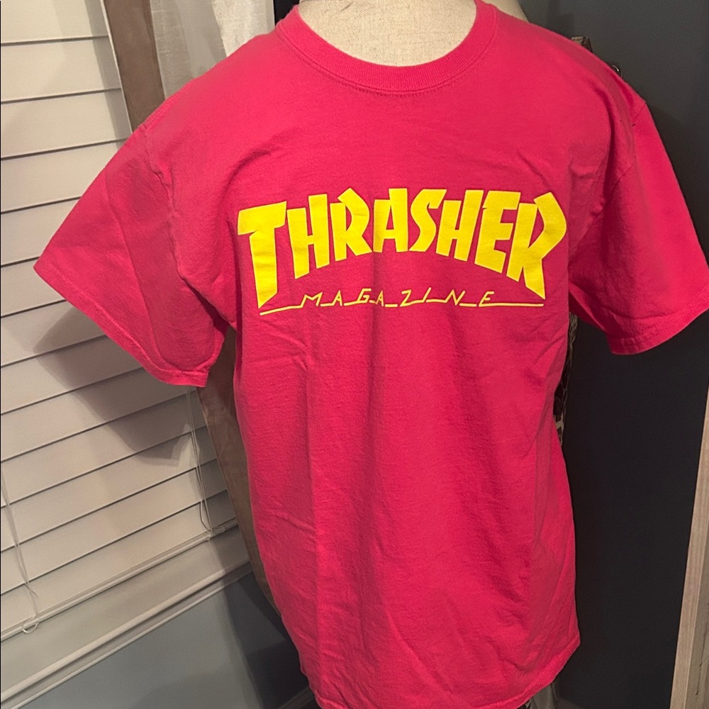 Thrasher Hot Pink Tee with Yellow Logo